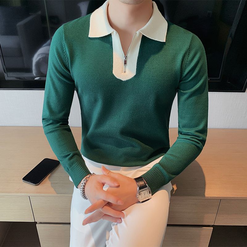 Men's Sweater Long-sleeved Shirt Slim Fit Close-fitting Color Contrast Bottoming Shirt