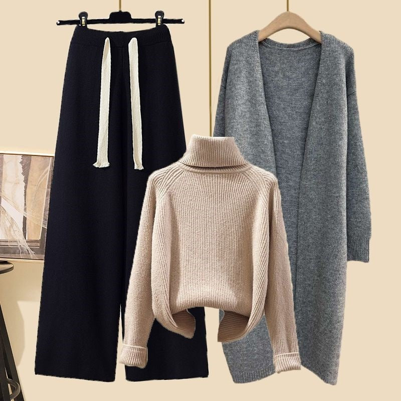 Idle Style Three-piece Set Thick Turtleneck Sweater Wide Leg Pants Wear Long Cardigan Jacket Slimming