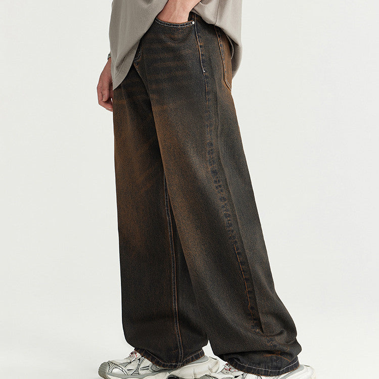 Men's Yellow Mud Stone Washed Wide Leg Jeans