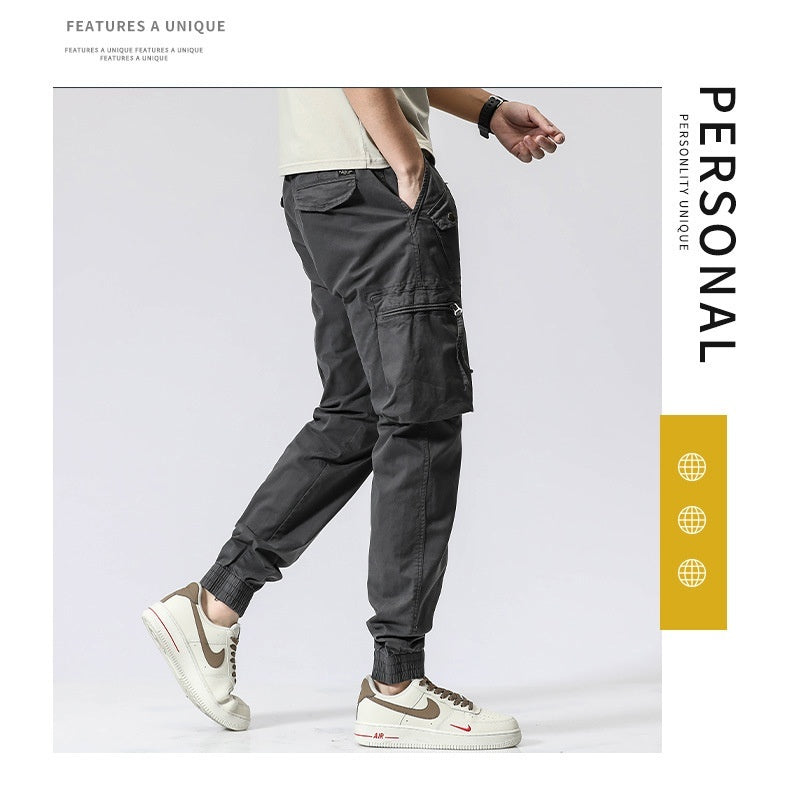 Casual Pants Trendy Brand Elastic Waist Men's Youth Simple Pure Cotton Multi-pocket Work Pants Trousers Ankle-tied