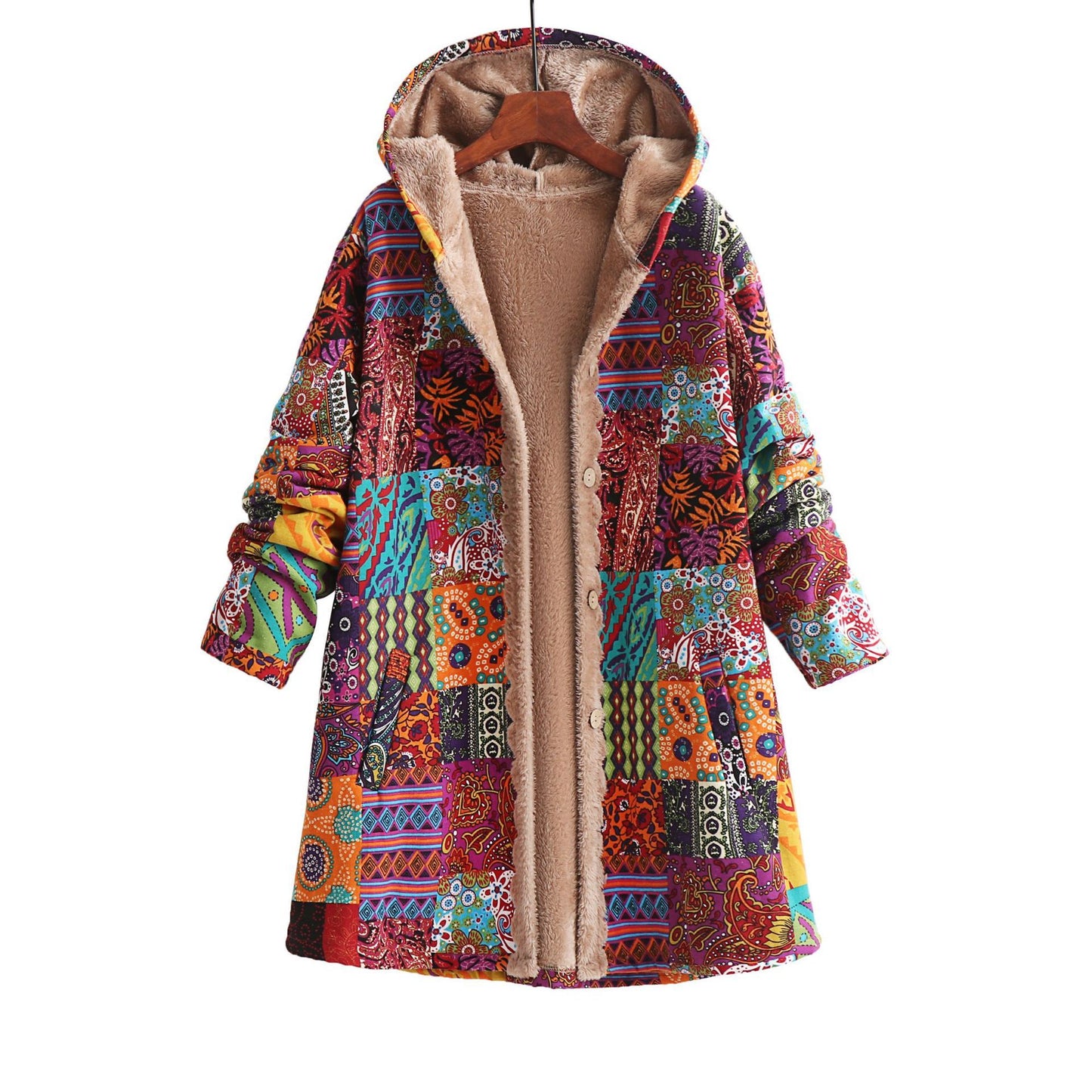 Cotton And Linen Printed Hoodie Warm Plush Coat