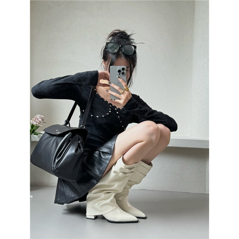 Niche Pointed Toe Chunky Heel Belt Buckle Below The Knee Long Canister Boots