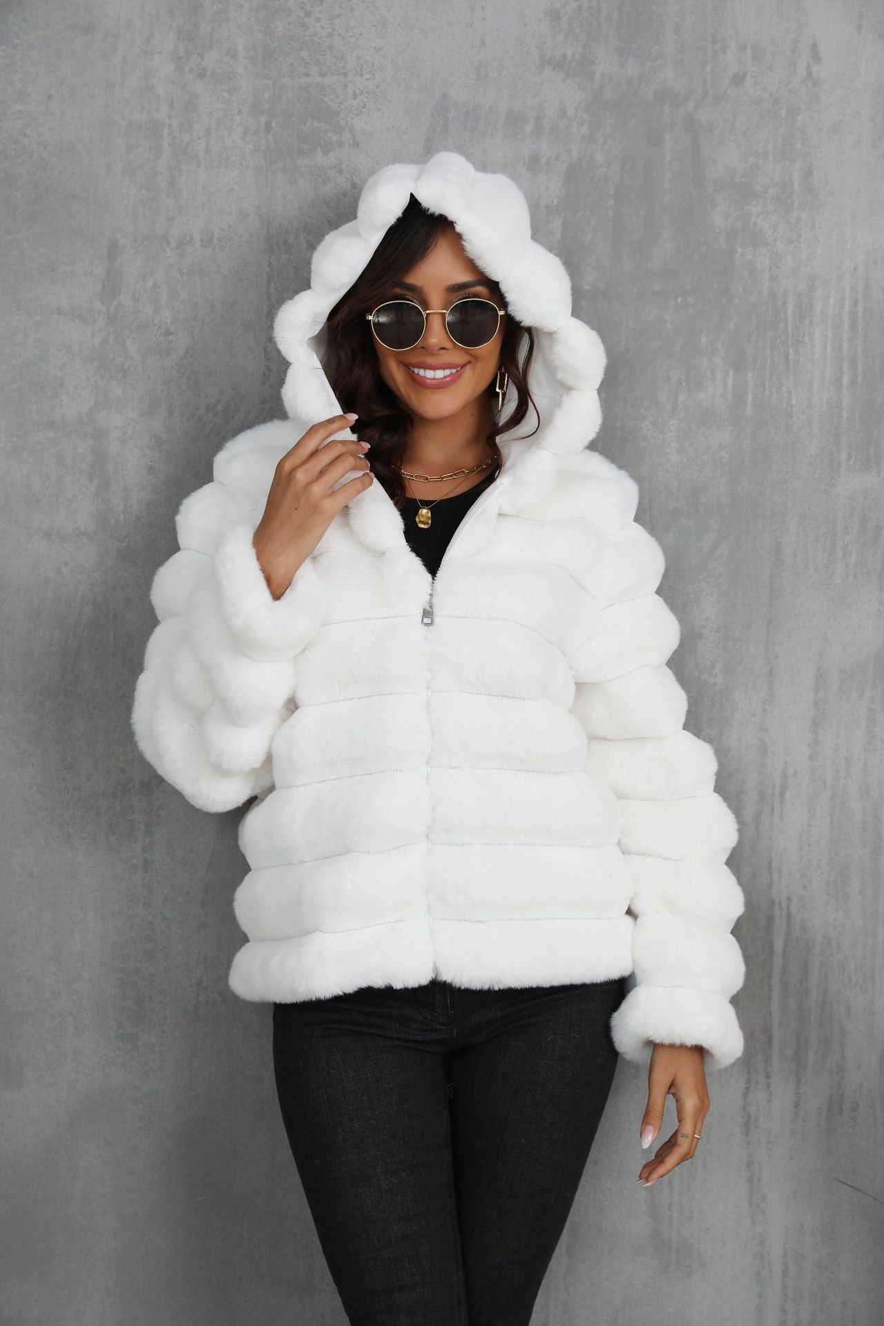 Women's Striped Hooded Imitation Fur Short Jacket