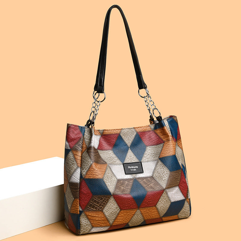 Retro Geometric Pattern Color-matching Shoulder Bag Fashion Large Capacity Stitching Handbag For Women Totes