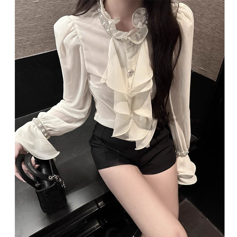 Exquisite Rhinestone White Shirt High-grade Chiffon Ruffle Top