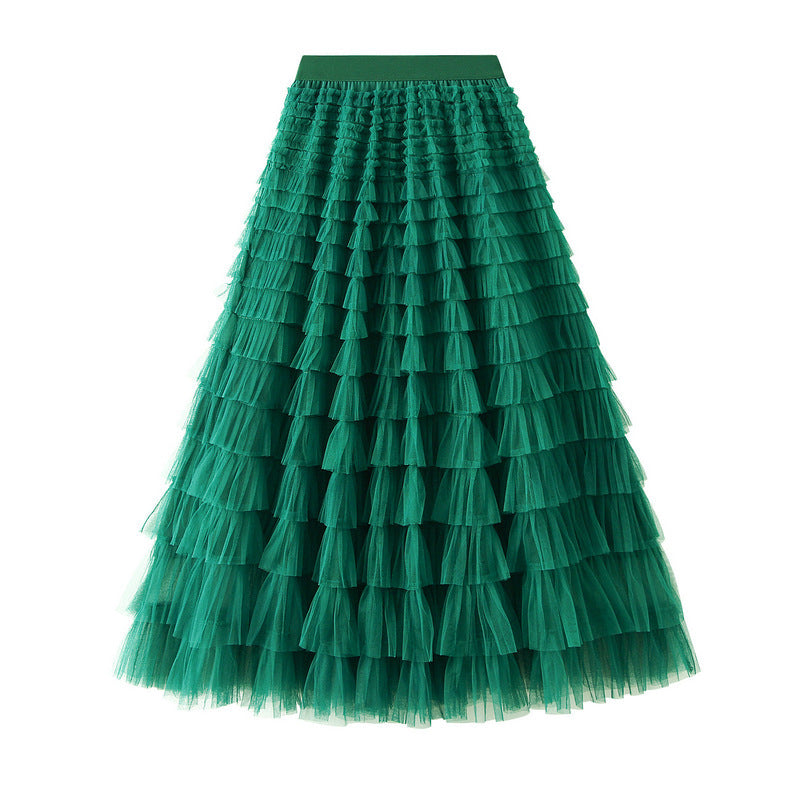 A-Line Mesh Ruffle Skirt Women's Temperament Sweet Long Skirt Slim Cupcake Dress Womens Clothing