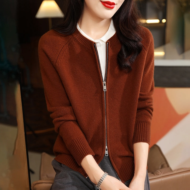 Autumn And Winter Pure Wool Cardigan Women's Round Neck Loose