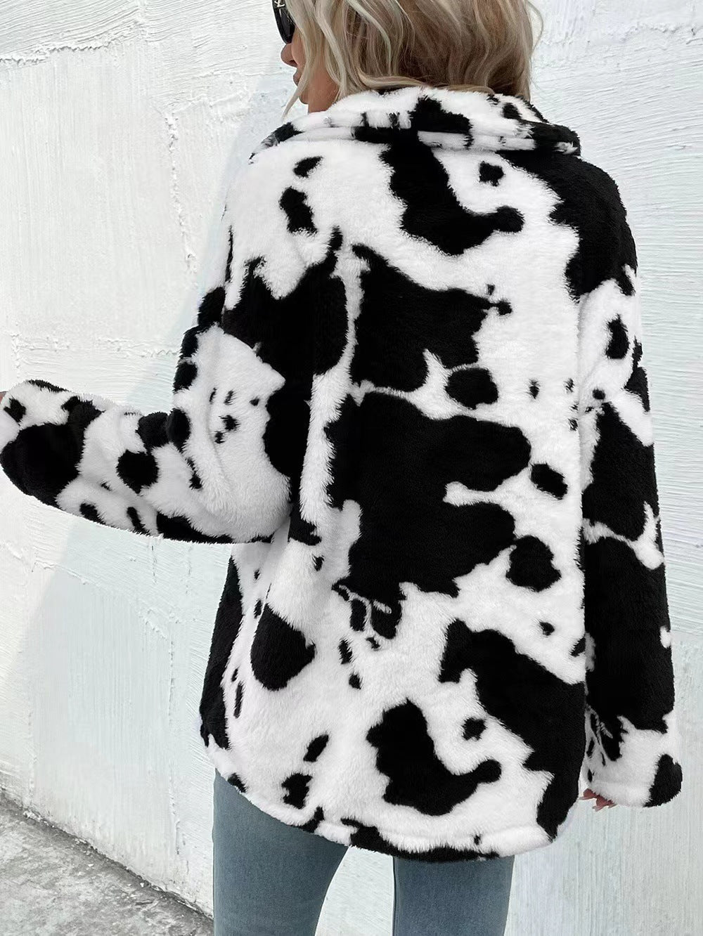 Double-sided Plush Cow Pattern Pocket Top Coat