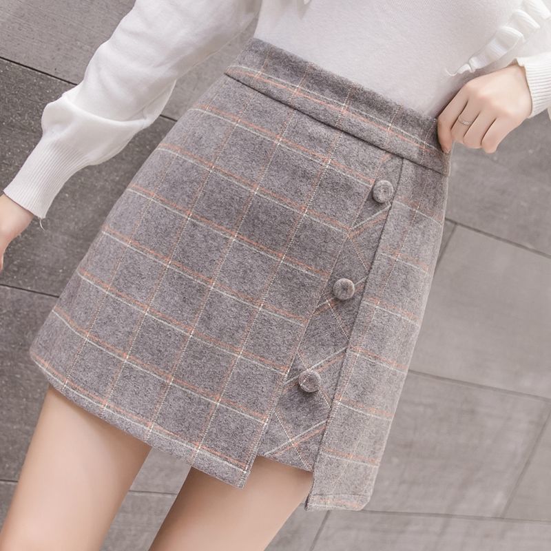 Plaid Skirt Women Irregular Woolen  Short Skirt