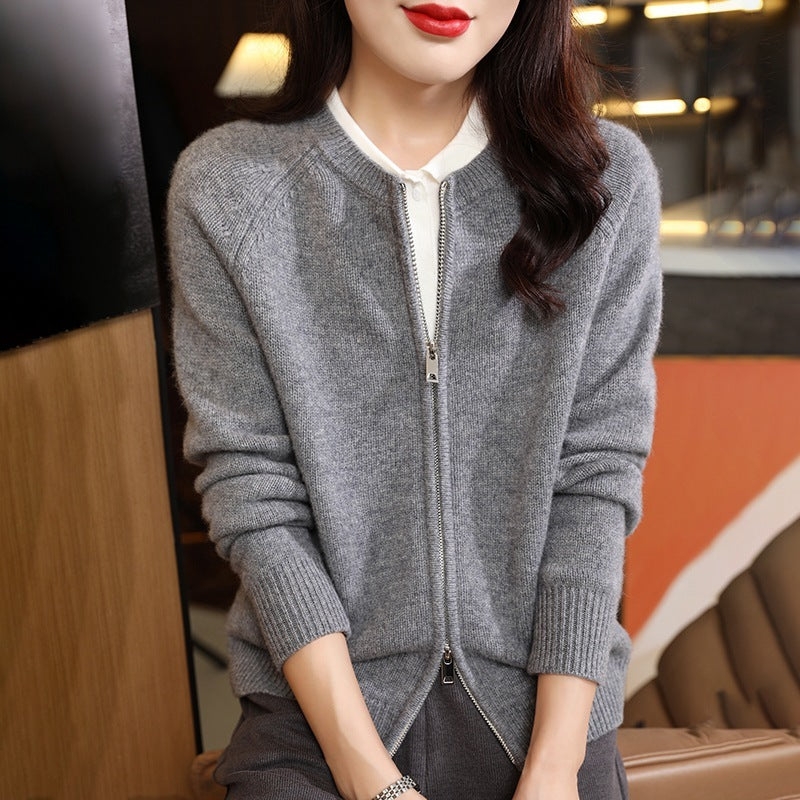 Autumn And Winter Pure Wool Cardigan Women's Round Neck Loose