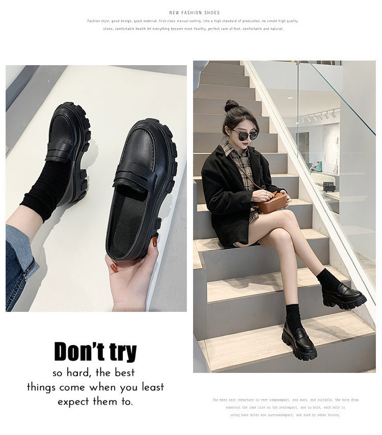 Women's Thick Heel Versatile Black Small Leather Shoes