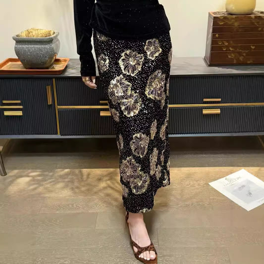 Heavy Embroidery Sequins Velvet Bottom Beaded Fashionable Temperamental All-match Skirt