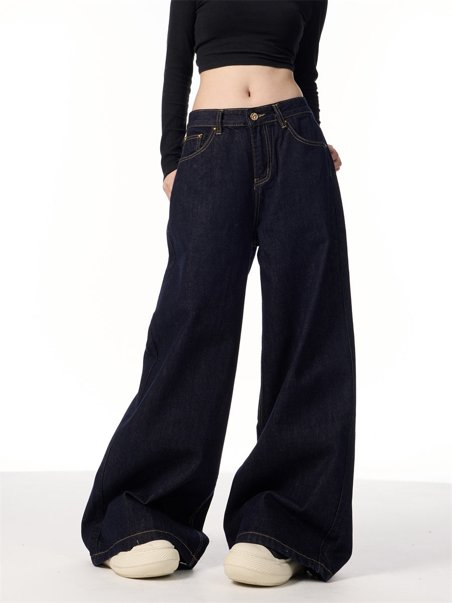 American Retro Wide Leg Dark Blue Jeans