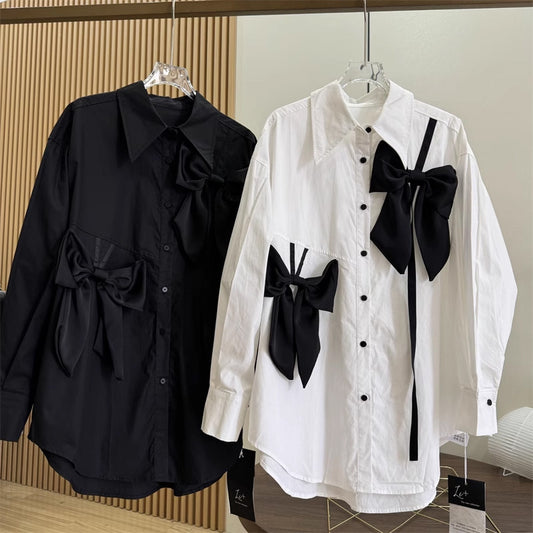 French Style Three-dimensional Bow Long Sleeve Shirt