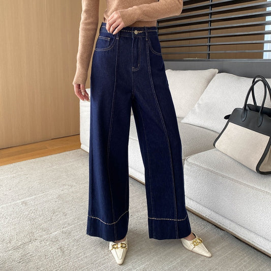 Three-dimensional Bright Line Design Pear-shaped Dark Blue Loose Wide-leg Jeans