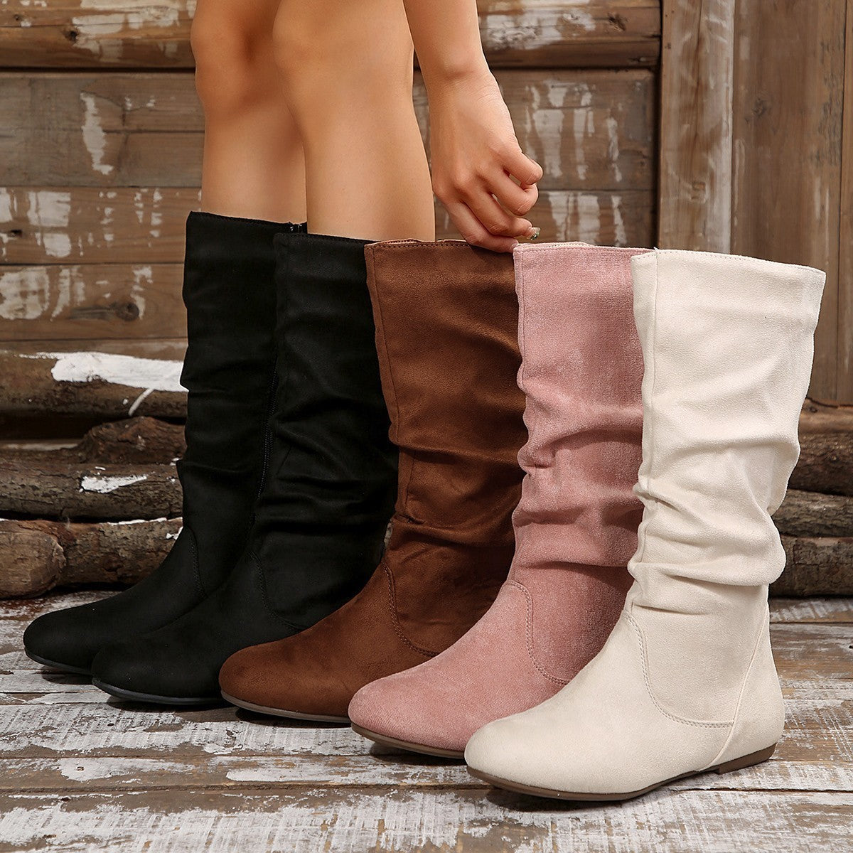 Autumn And Winter Side Zipper Flat Suede Boots