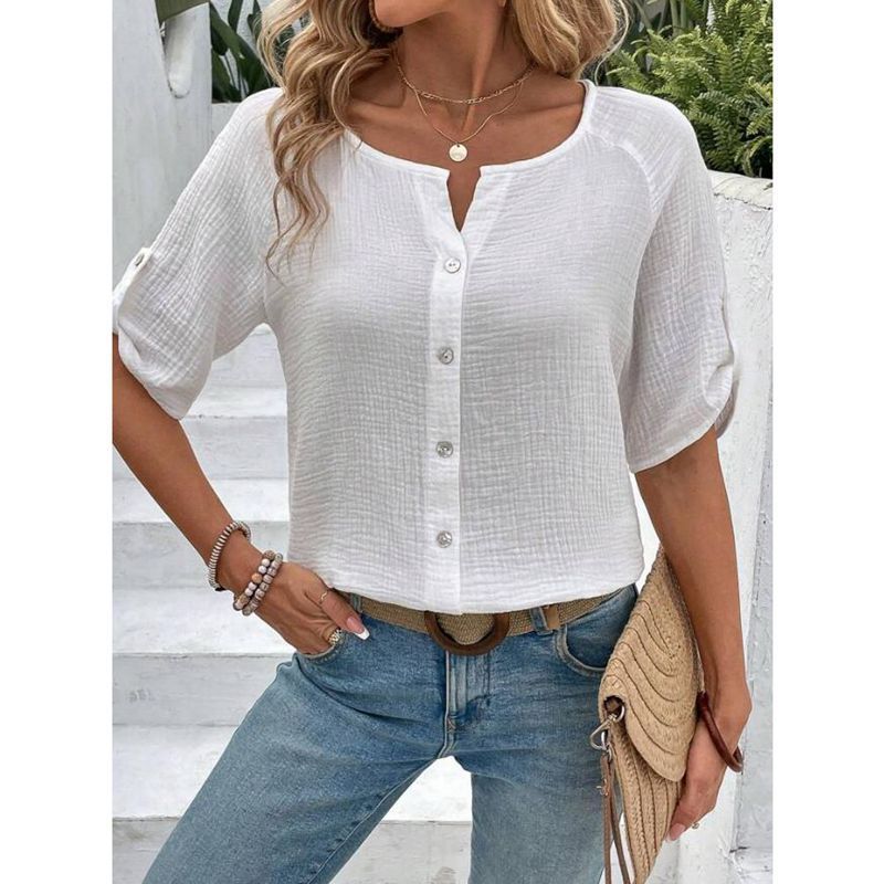 European And American Summer Women's Fashion Solid Color Short Sleeve Button White Shirt