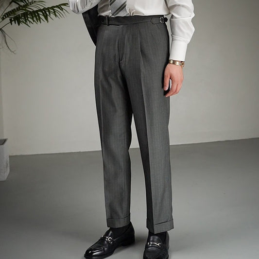 Autumn Wool Blended Single Pleated Striped Suit Pants