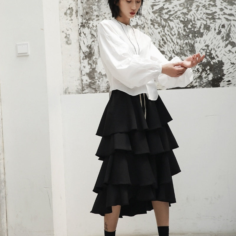 Spring And Autumn New Stand-up Collar Puff Sleeve White Shirt