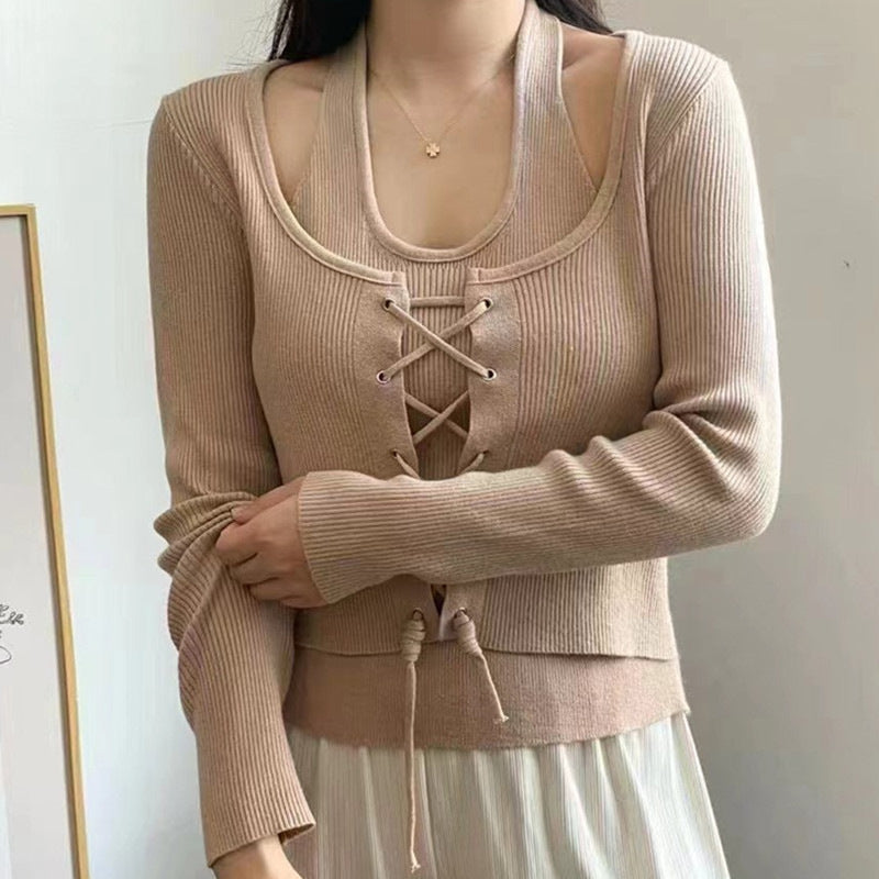 Korean Style Halter Off-the-shoulder Lace Up Fake Two Pieces Long Sleeve Knitted Top