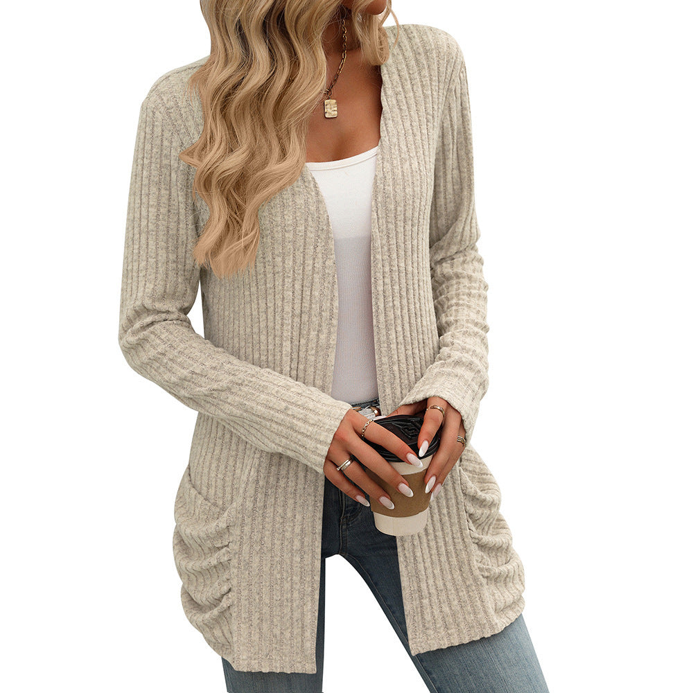 Solid Color Rib Fabric Brushed Pocket Cardigan Long Sleeve Coat