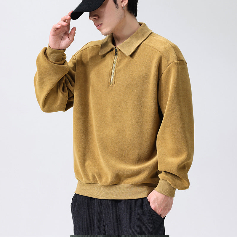 Fashion Lapel Half-zip Sweatshirt Winter Warm Fleece Long Sleeve Top Men's Clothing