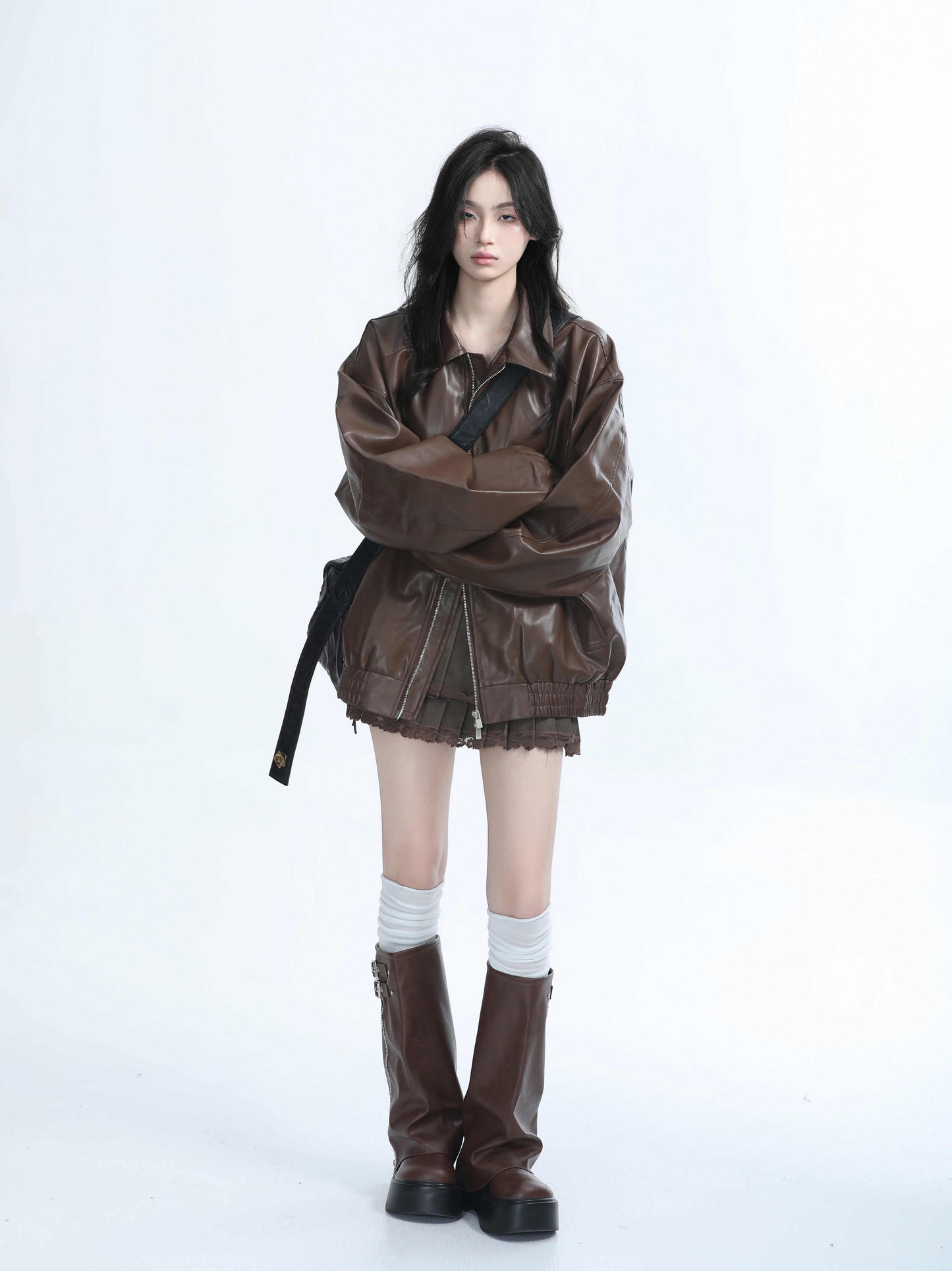 Brown Motorcycle PU Leather Coat Female Loose Jacket