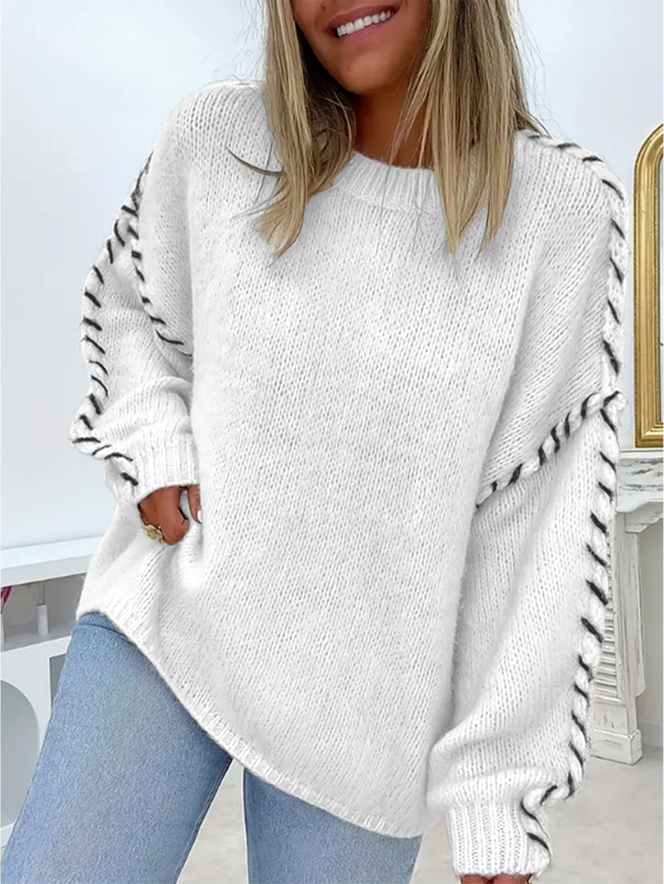 Spring And Autumn Fashion Solid Color Round Neck Long Sleeve Loose Knitted Sweater