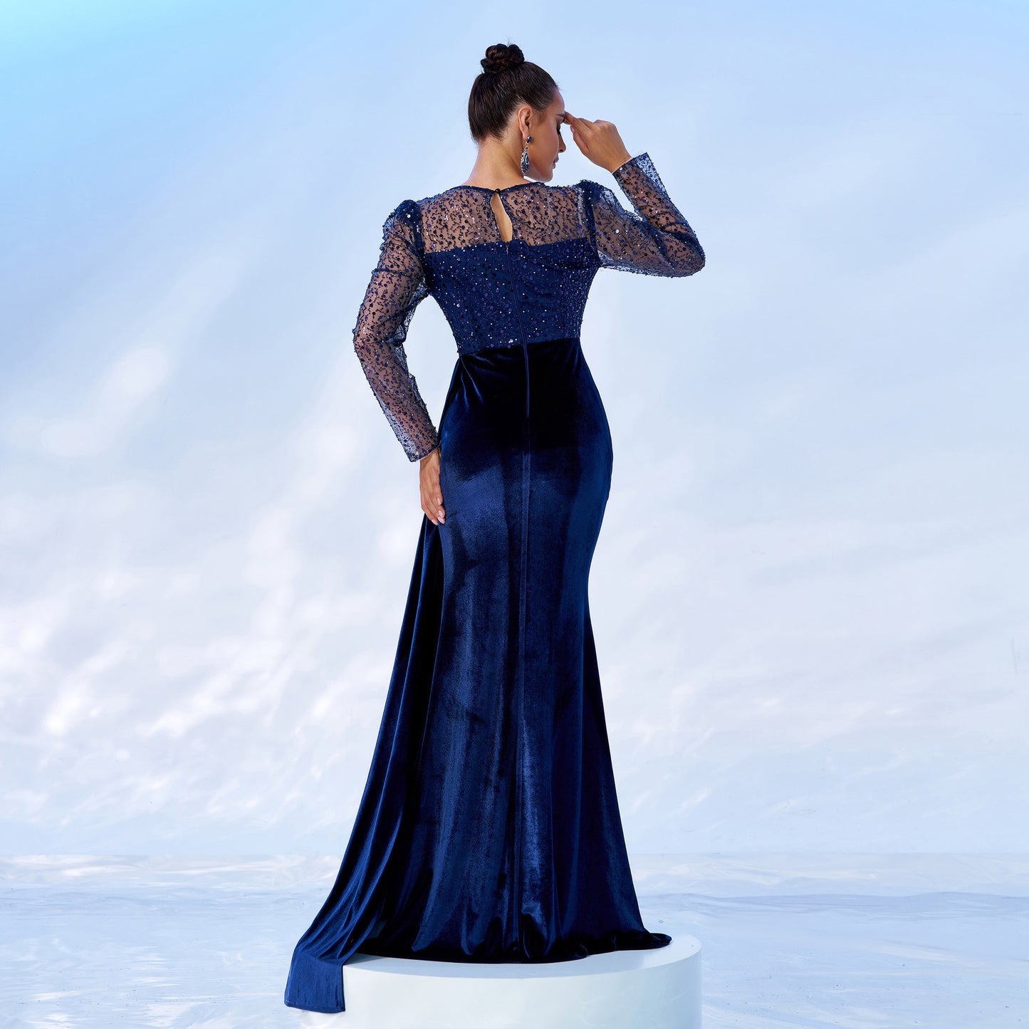 Mesh Sequins Velvet Banquet Fishtail Evening Dress