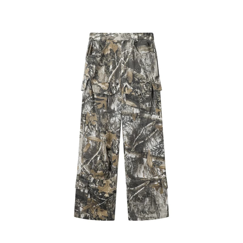 Loose Straight Tree Worn Looking Washed-out Camouflage Printed Overalls