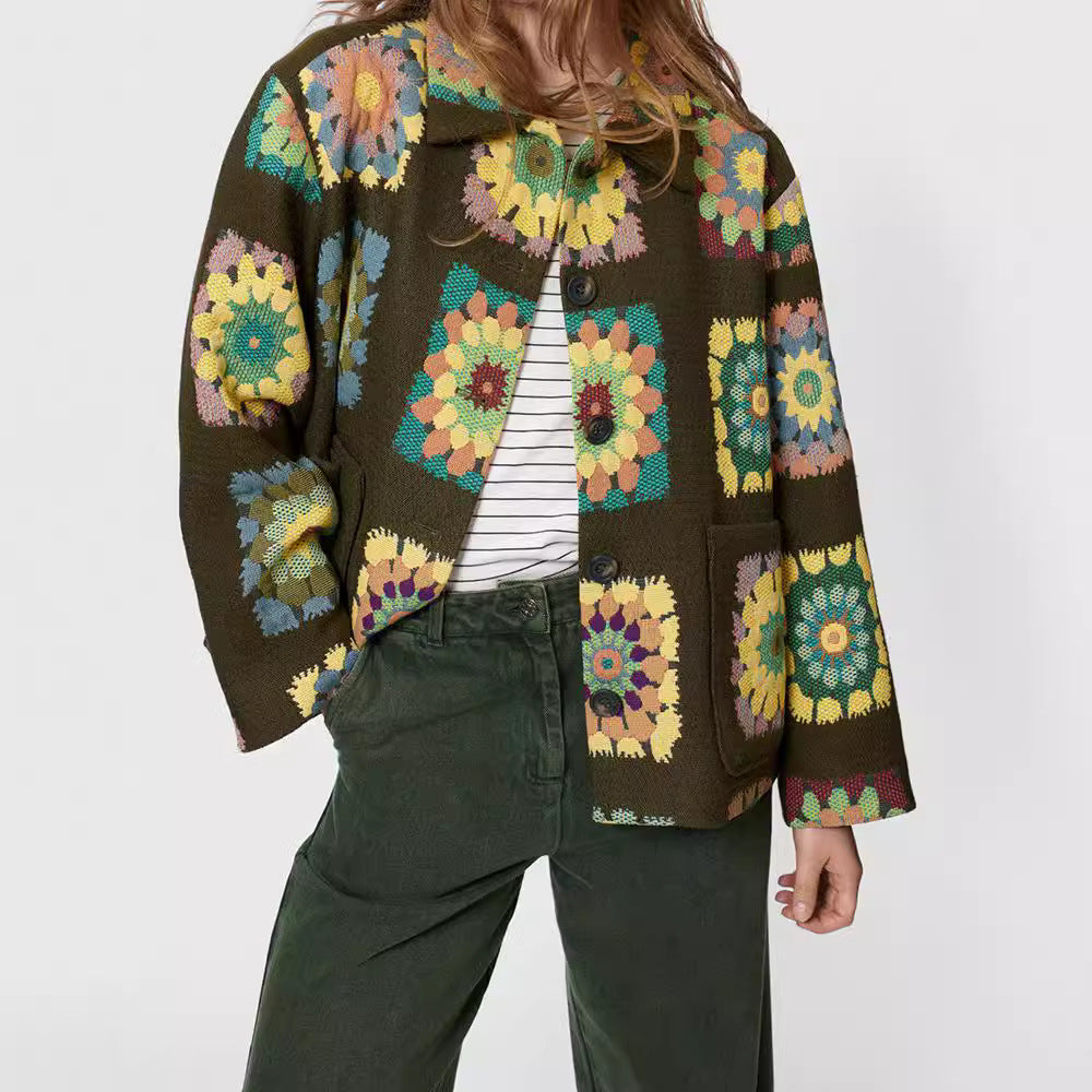 Lapel Long Sleeve Flower Print Green Jacket Coat