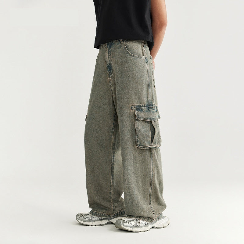 Loose Men's Clothing Washed-out Vintage Wide-leg Workwear Jeans