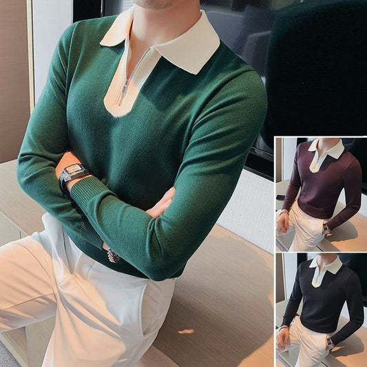 Men's Sweater Long-sleeved Shirt Slim Fit Close-fitting Color Contrast Bottoming Shirt