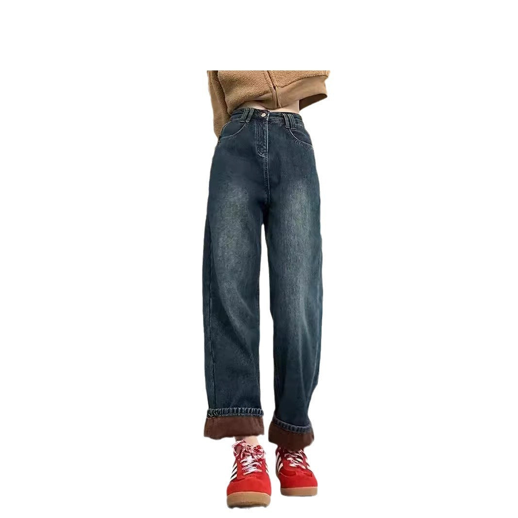 Fleece-lined Thick Jeans Female High Waist Straight Pants