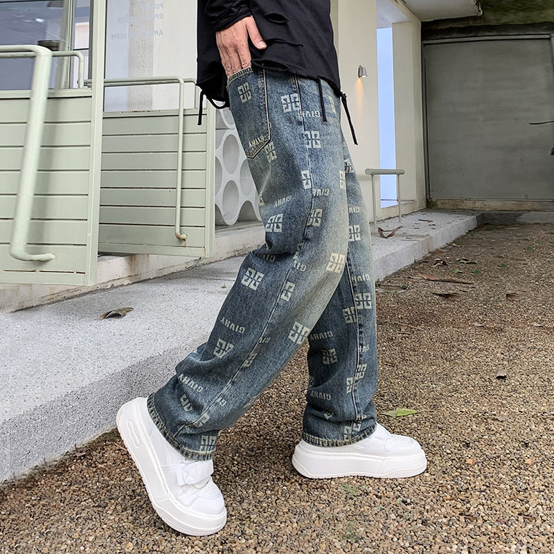 Men's Printed Jeans Straight Fashion Loose Casual Pants