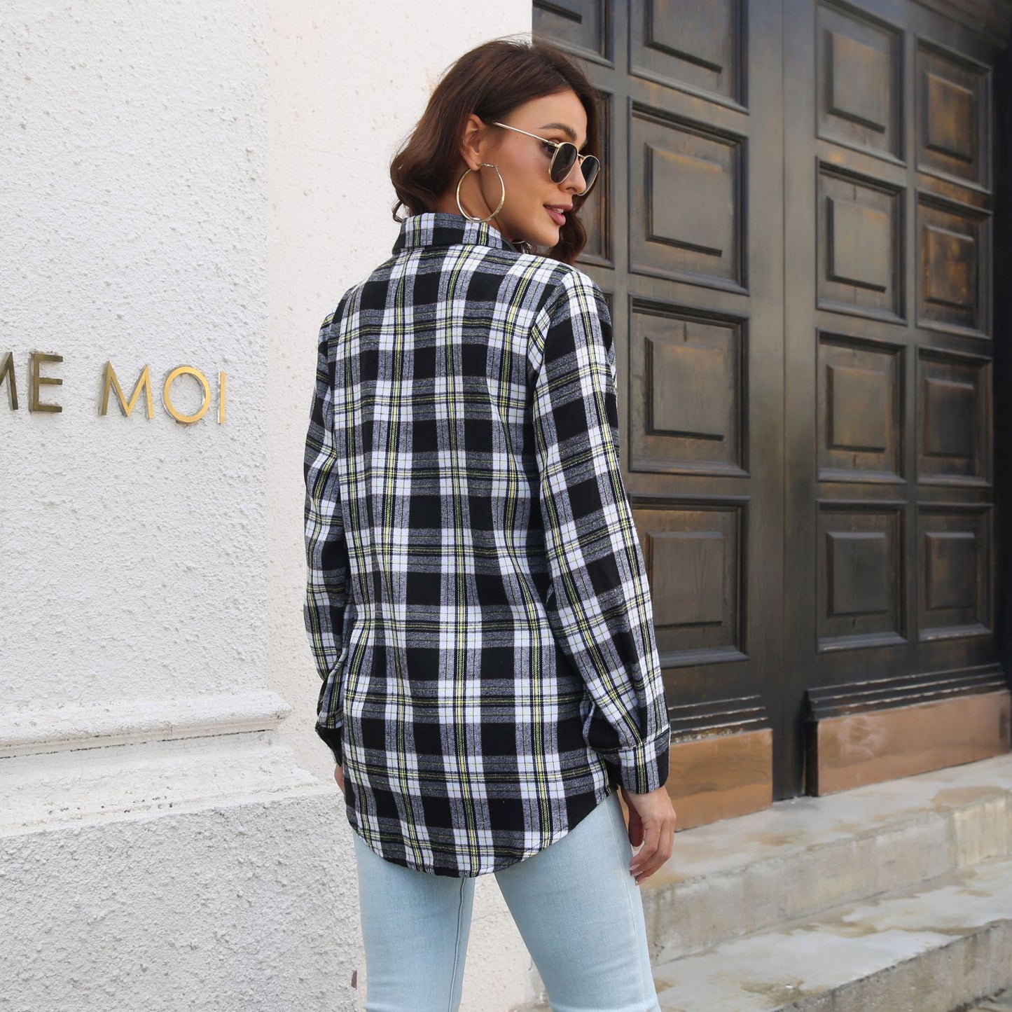 Plaid Shirt Brushed Long Sleeve Mid-length Loose Shirt