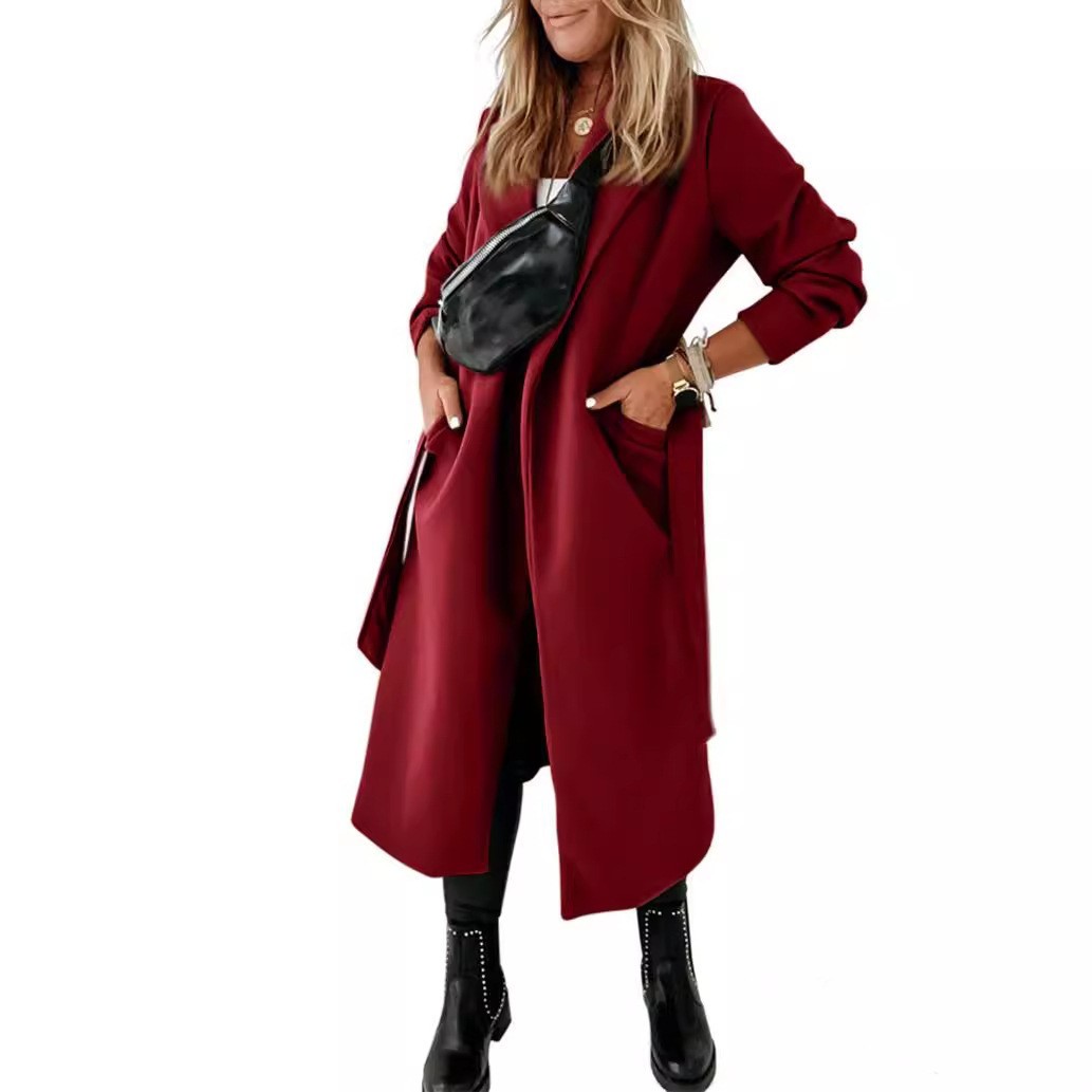 Extended Woolen Women's Coat Plus Size Lace Up