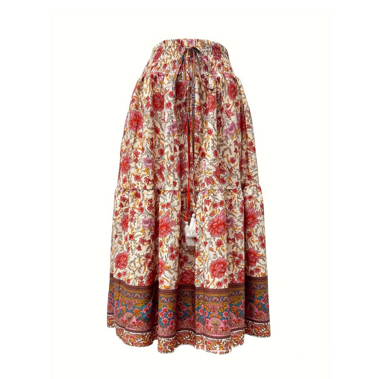 Women's Fashion Waist-controlled Simple Floral Print Tassel Skirt