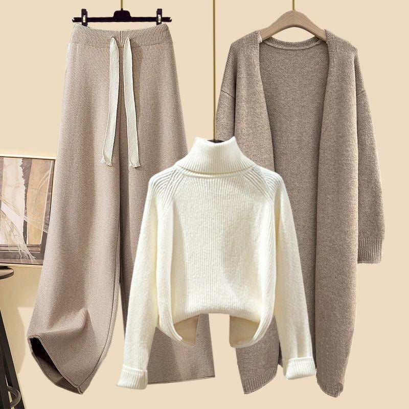 Idle Style Three-piece Set Thick Turtleneck Sweater Wide Leg Pants Wear Long Cardigan Jacket Slimming