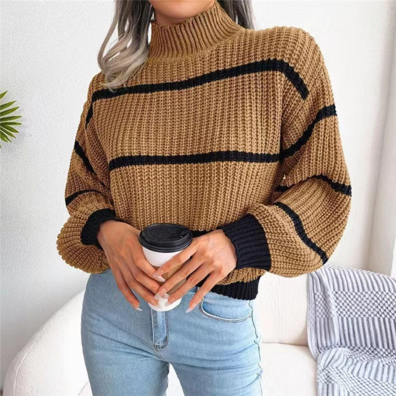 Contrast Color Striped Sweater New Half Turtleneck Pullover Top