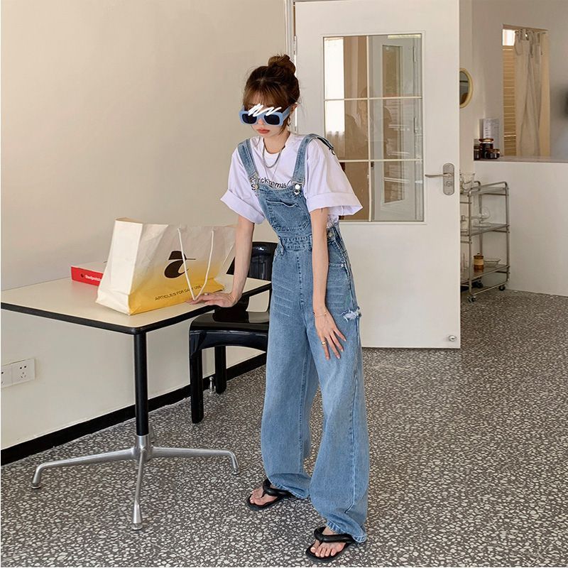 Ripped Denim Suspender Pants Women's Spring Versatile Ins High Waist Straight Wide Leg Mop Trousers Women's