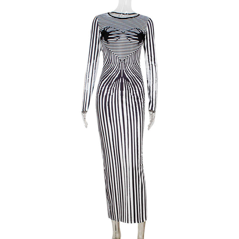 Round Neck Long-sleeved Shirt Slim Striped Print Bodycon Dress