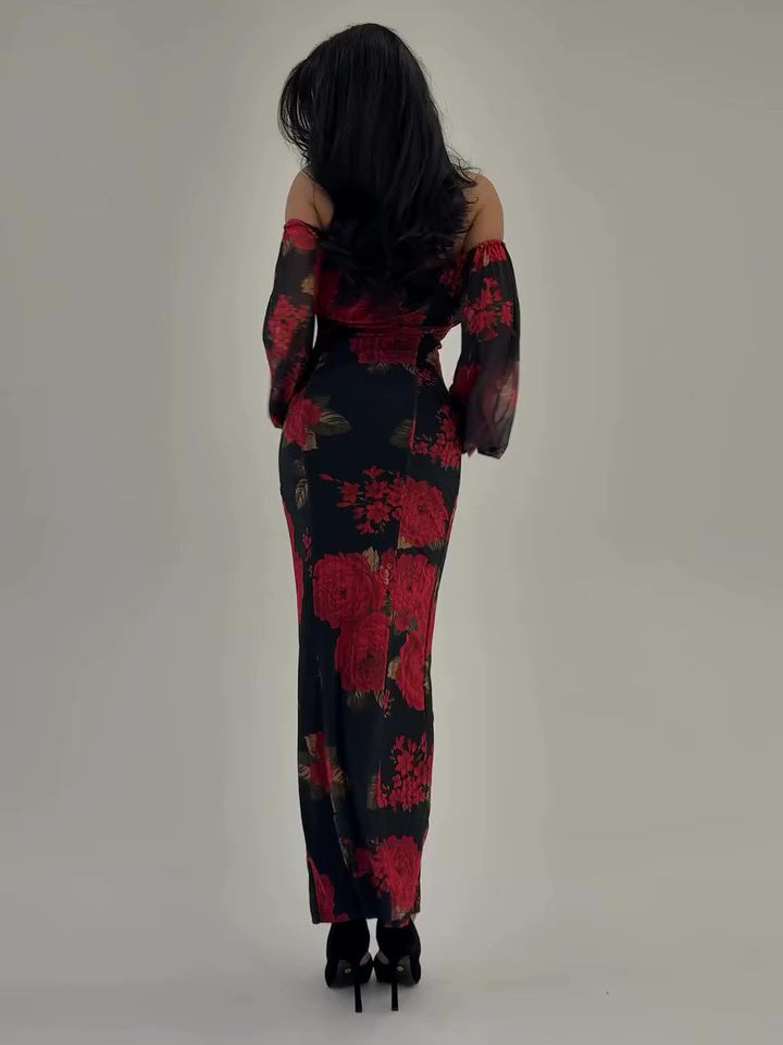 Boat Neck Floral Long-sleeved Dress