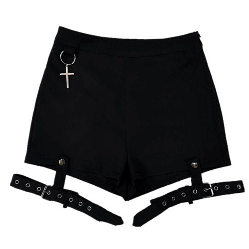 Summer Punk Rock Women's Shorts Sexy Cross Ring Hanging Ornament Summer Fashion Black Shorts