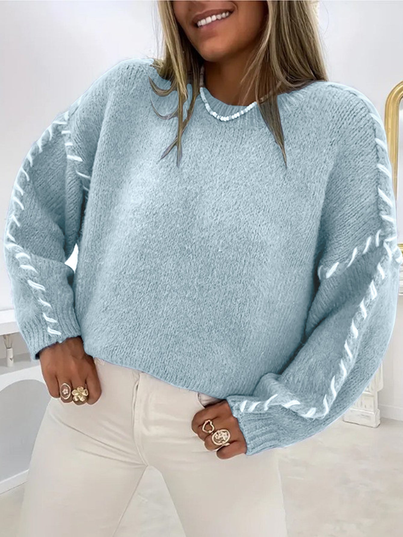 Spring And Autumn Fashion Solid Color Round Neck Long Sleeve Loose Knitted Sweater