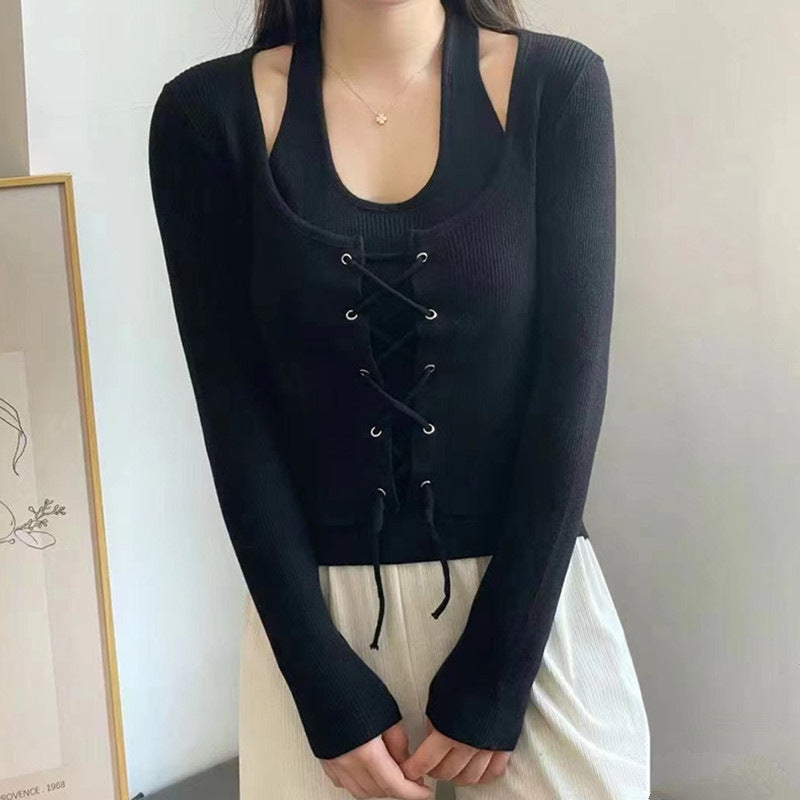 Korean Style Halter Off-the-shoulder Lace Up Fake Two Pieces Long Sleeve Knitted Top