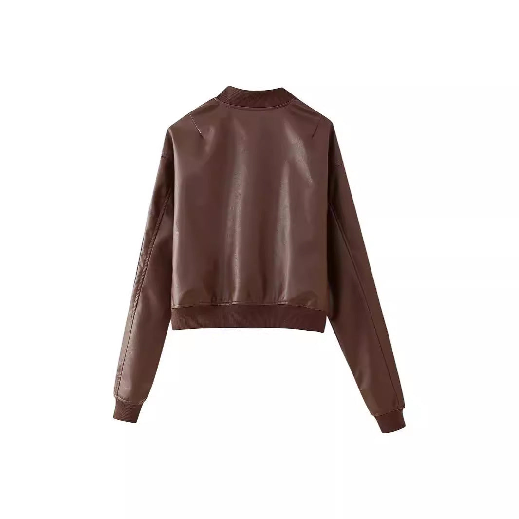 Short Jacket Fried Street Leather Clothing With Stand Collar Coat