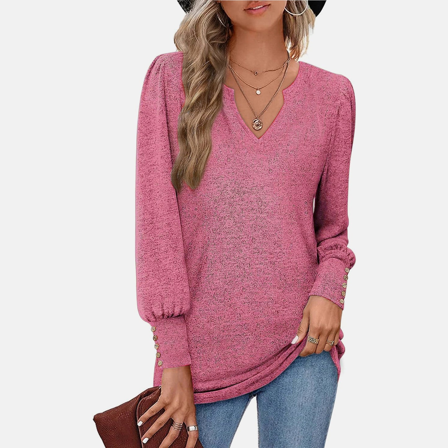 Women's Sweater Solid Color And V-neck Casual Waist Puff Sleeve Button Long Sleeve Top