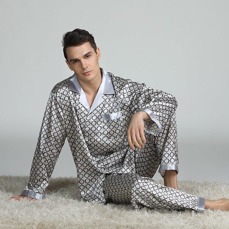 Men's Printed Silk Pajamas Spring And Summer Long-Sleeved Suit