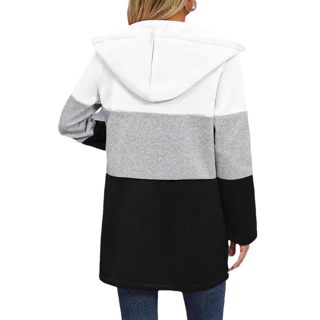 Autumn And Winter Leisure Fashion Loose Color Contrast Patchwork Hooded Jacket